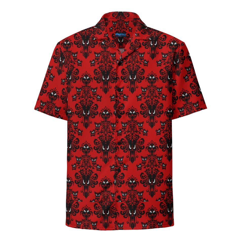 Red Haunted Mansion Style Pattern Button Up Shirt