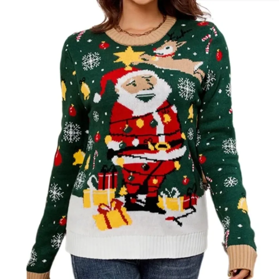 Women LED Lighted Christmas Sweater Santa Pattern Ugly Jumper Pullover Top
