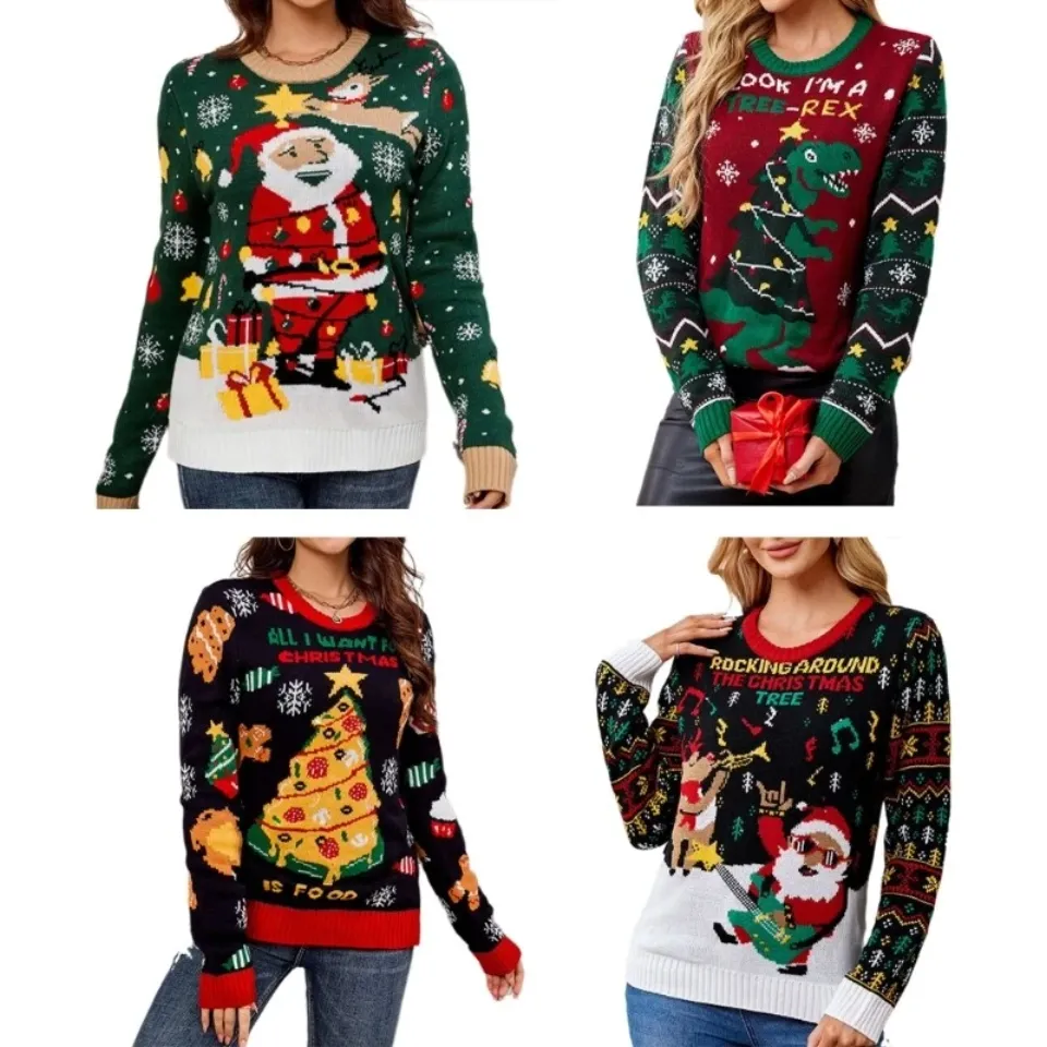 Women LED Lighted Christmas Sweater Santa Pattern Ugly Jumper Pullover Top