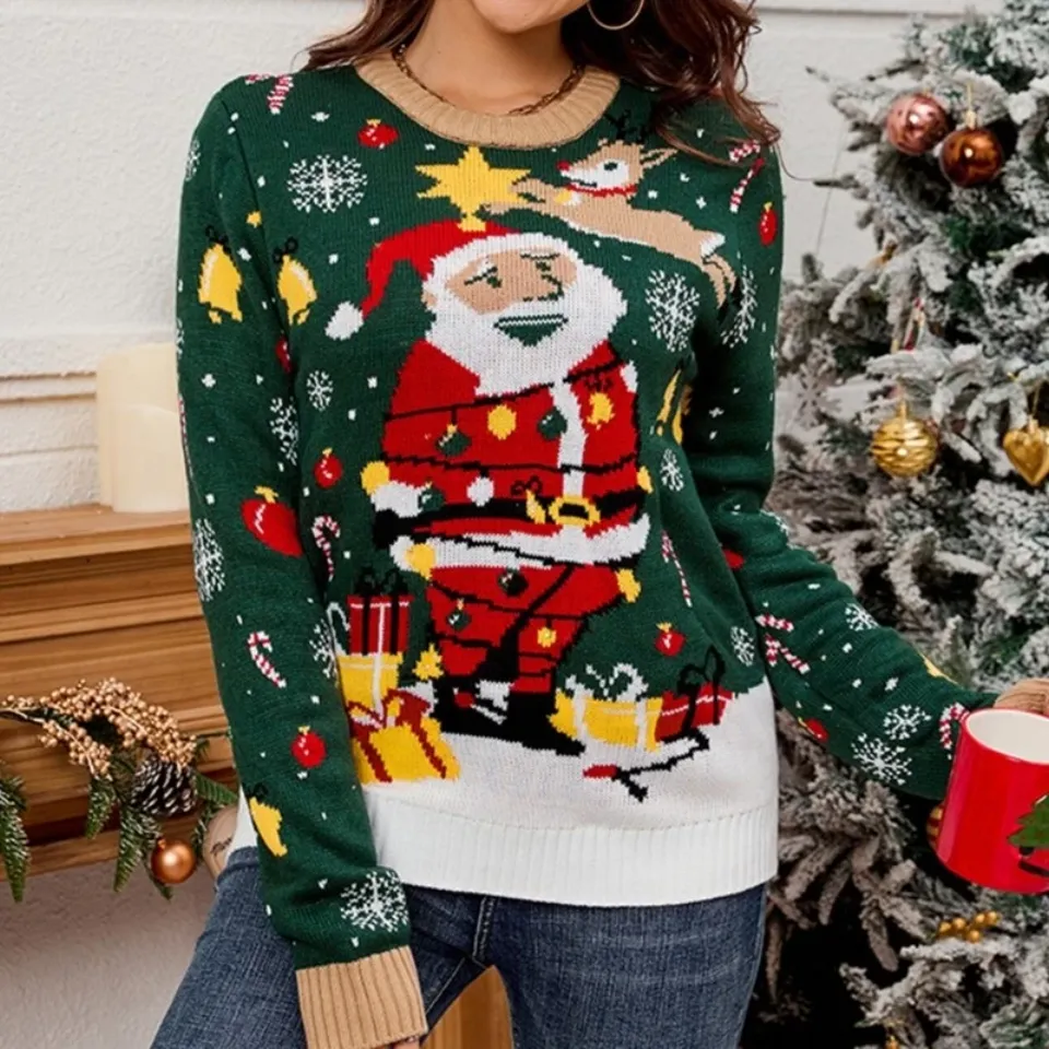 Women LED Lighted Christmas Sweater Santa Pattern Ugly Jumper Pullover Top