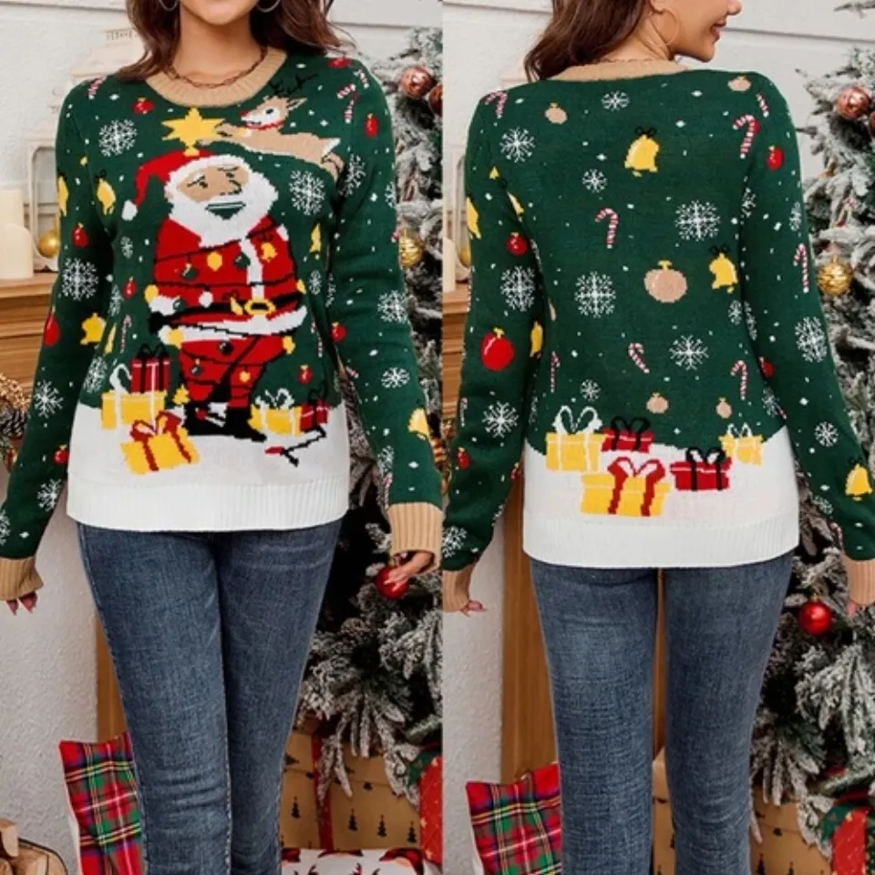 Women LED Lighted Christmas Sweater Santa Pattern Ugly Jumper Pullover Top