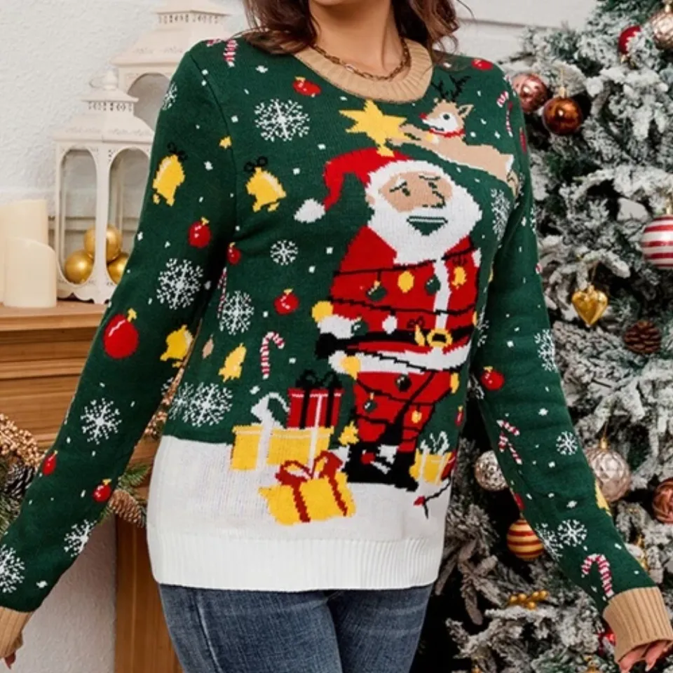 Women LED Lighted Christmas Sweater Santa Pattern Ugly Jumper Pullover Top