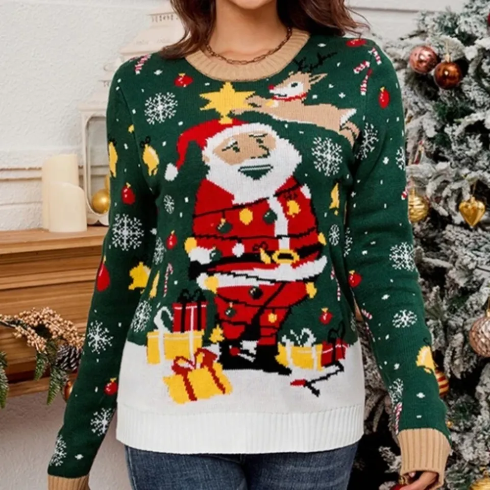 Women LED Lighted Christmas Sweater Santa Pattern Ugly Jumper Pullover Top
