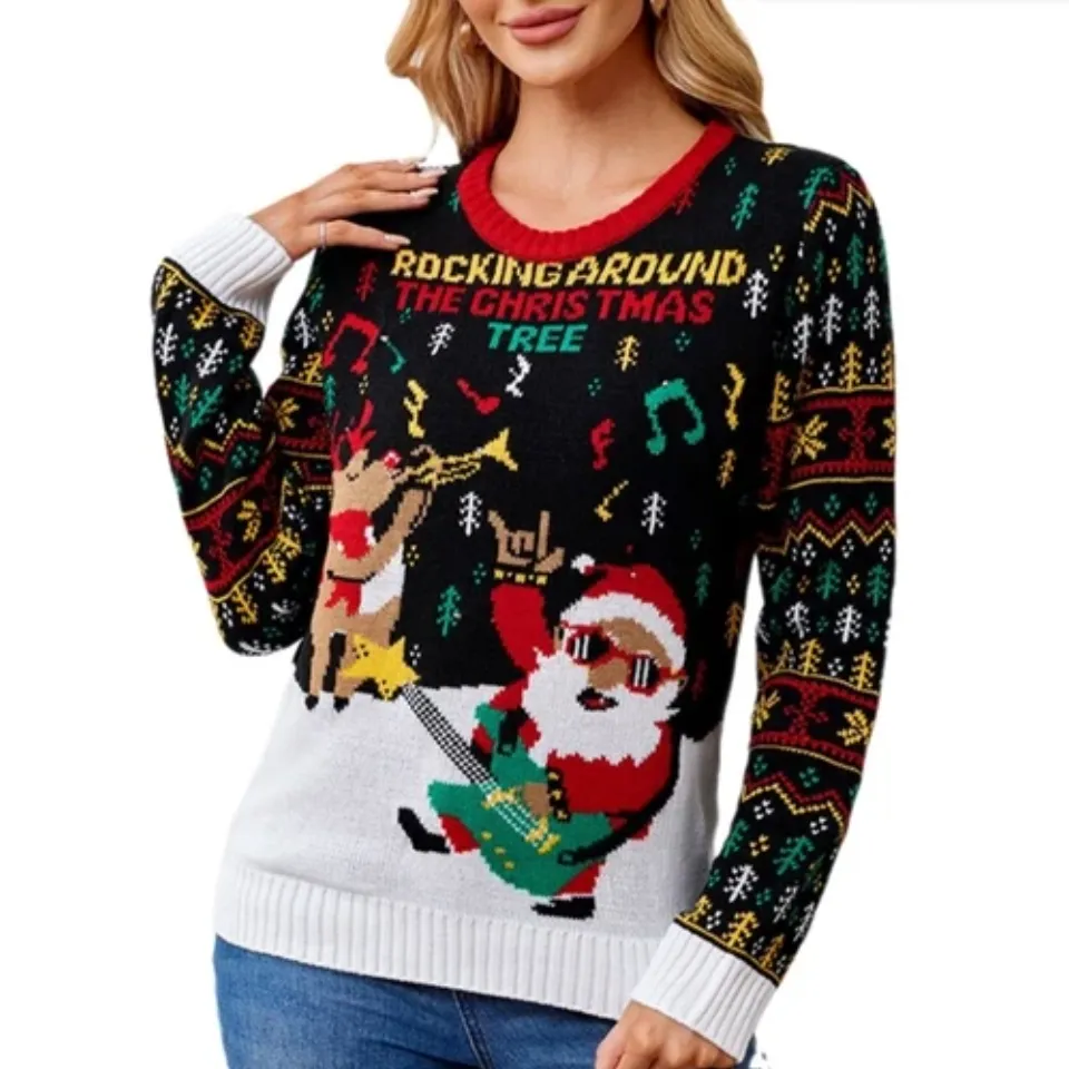 Women LED Lighted Christmas Sweater Santa Pattern Ugly Jumper Pullover Top
