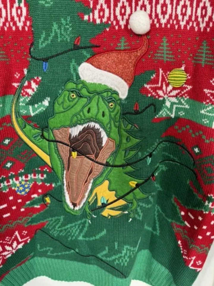 Blizzard Bay Men’s Ugly Christmas Sweater Dinosaur Front And Back Size Med T Rex