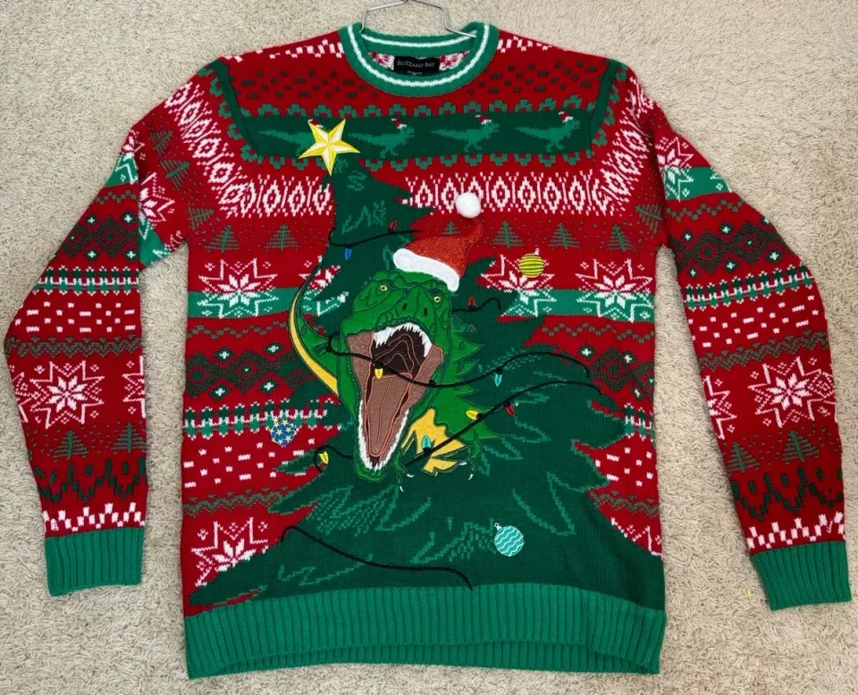 Blizzard Bay Men’s Ugly Christmas Sweater Dinosaur Front And Back Size Med T Rex