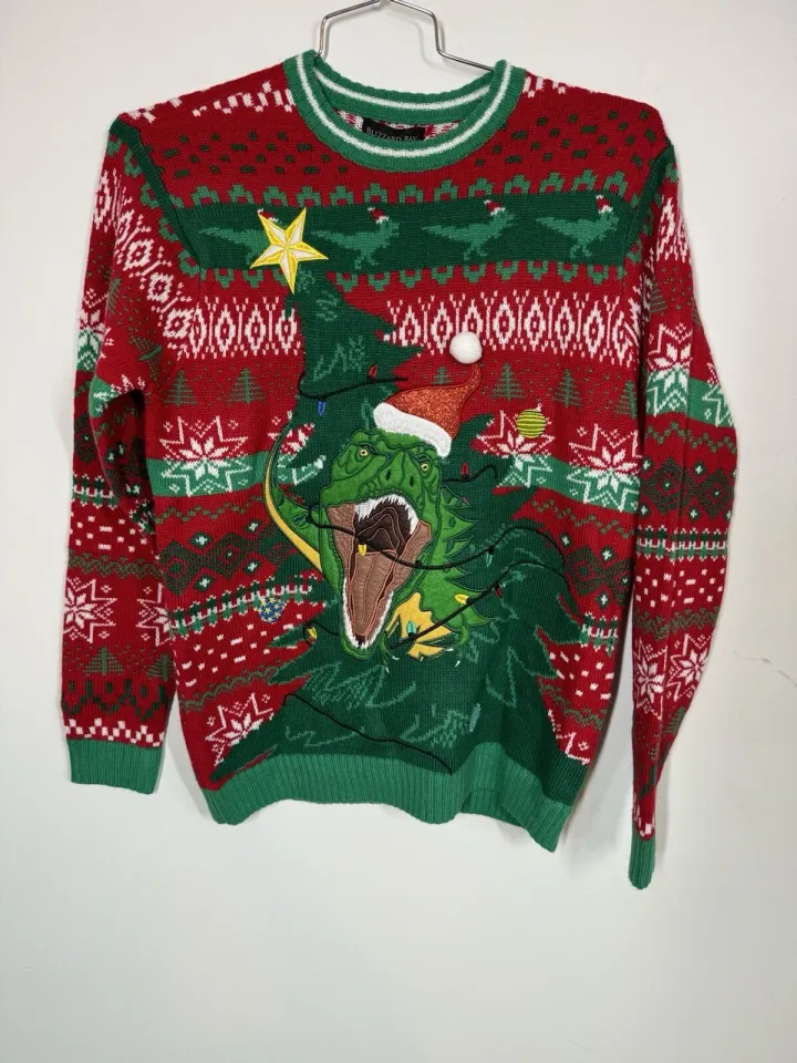 Blizzard Bay Men’s Ugly Christmas Sweater Dinosaur Front And Back Size Med T Rex