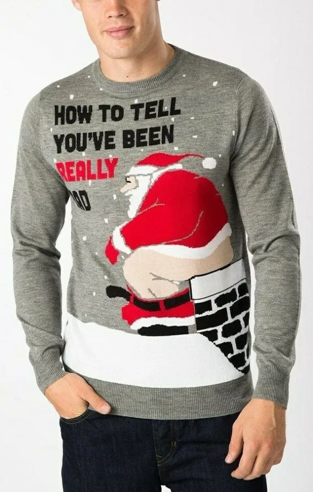 Men's Bad Santa Chimney Grey Xmas Knitted Christmas Jumper Ugly Rude Sweater Top