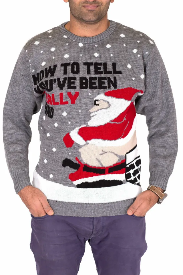 Men's Bad Santa Chimney Grey Xmas Knitted Christmas Jumper Ugly Rude Sweater Top