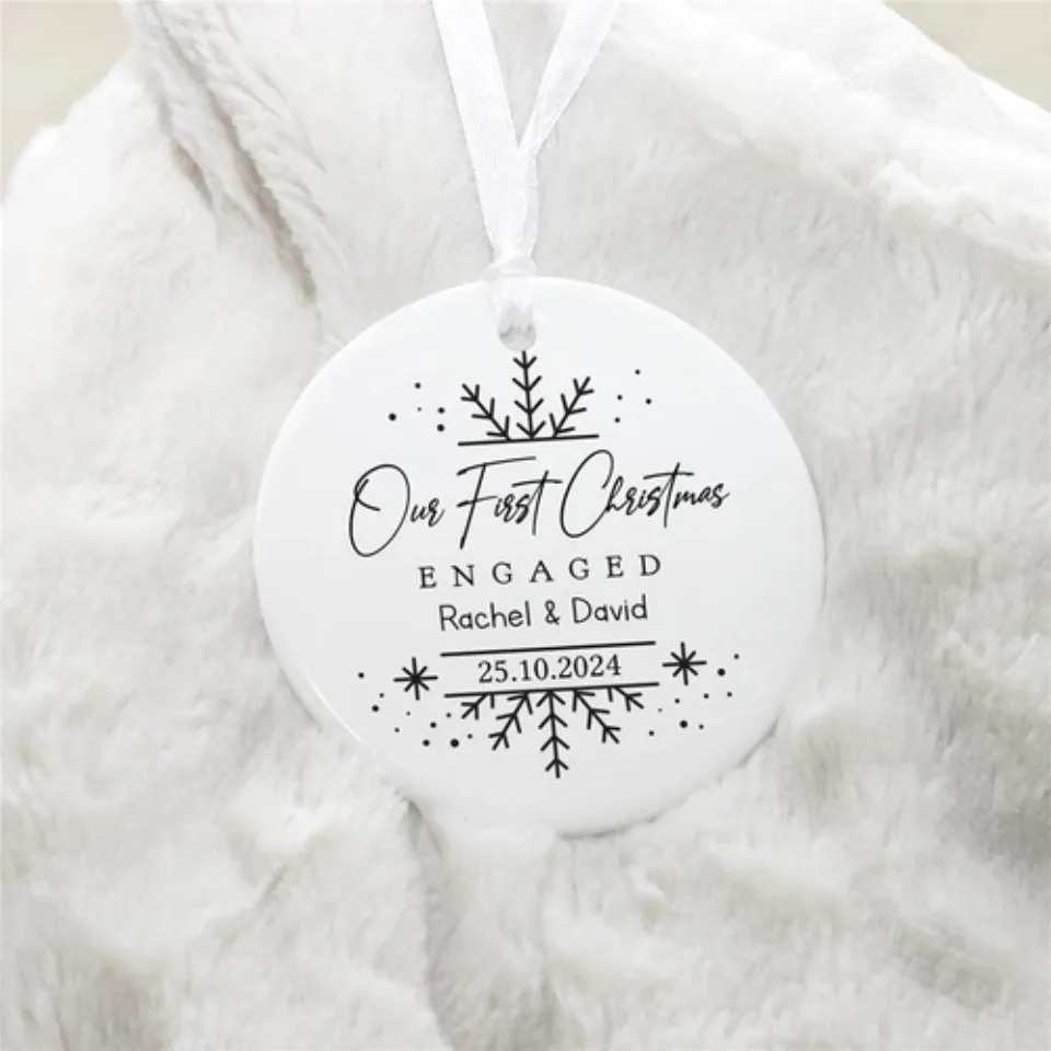 Personalised First Christmas Engaged Ceramic Decoration, Engaged Ornament