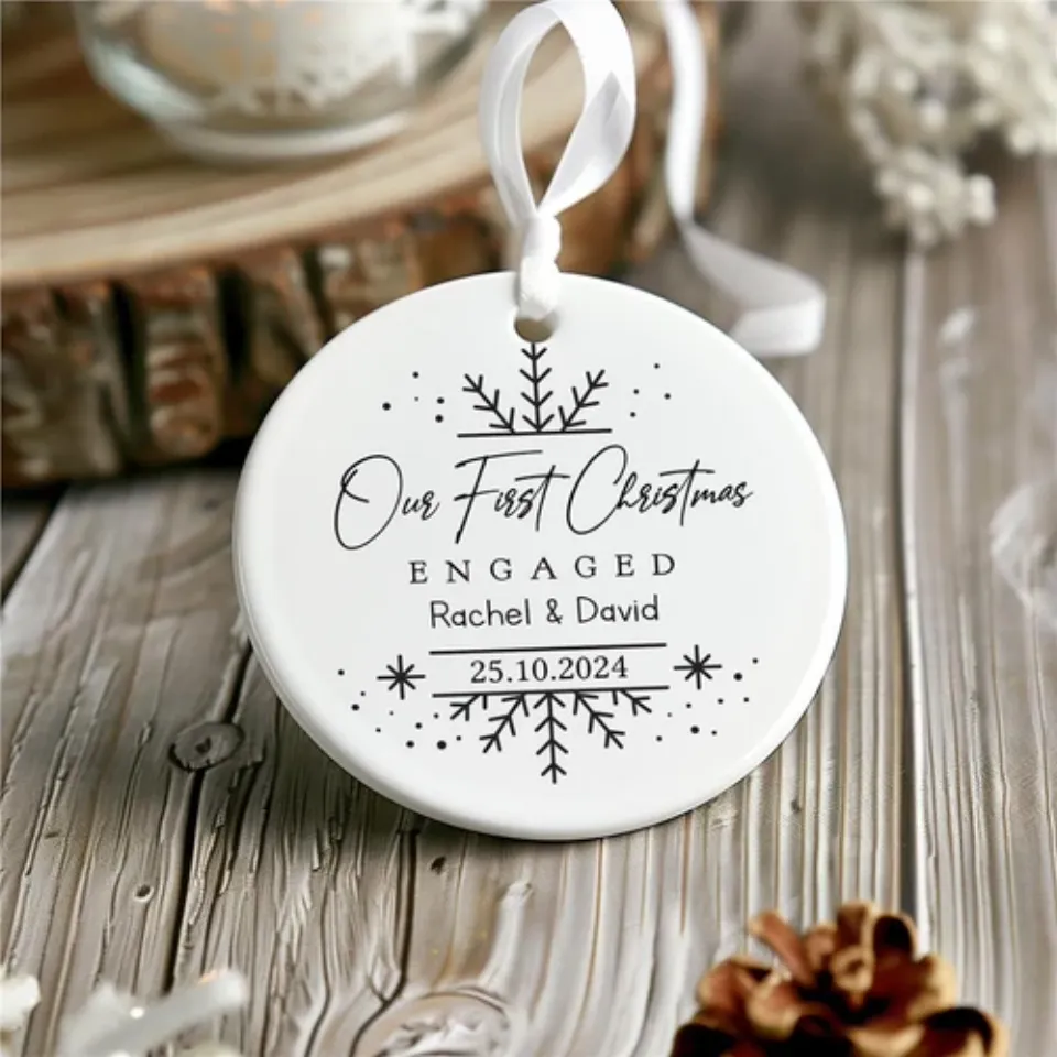 Personalised First Christmas Engaged Ceramic Decoration, Engaged Ornament