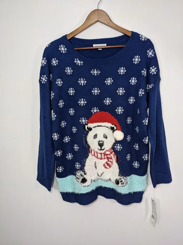 NWT Notations Christmas Holiday Ugly Sweater Womens Blue Polar Bear Snow Size L