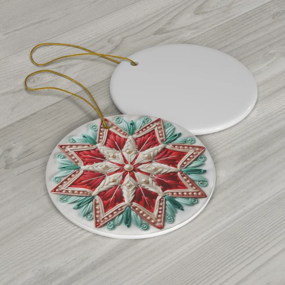 Star Embroidery Print Round Christmas Ceramic Ornament