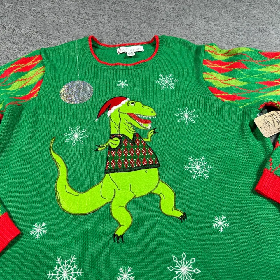 Jolly Sweaters Mens XL Green Christmas Ugly Sweater T Rex Dinosaur Disco Holiday