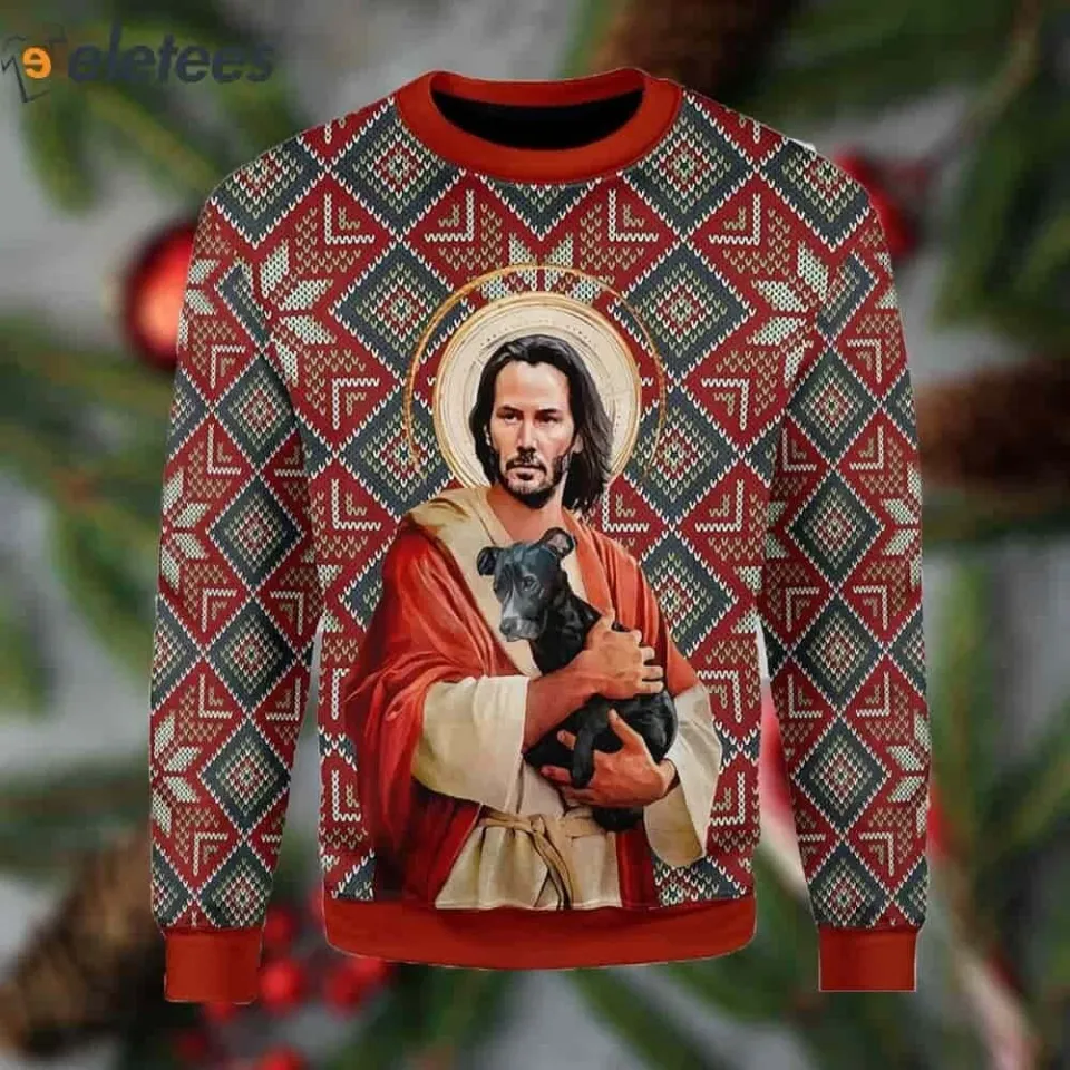 Jesus Keanu Reeves With Dog Ugly Christmas Sweater DTB04J15
