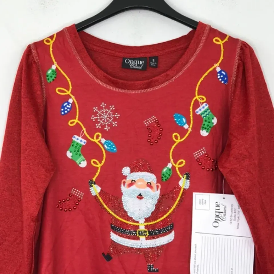 Onque Casual Women's M Ugly Christmas Sweater Red Bedazzled Santa Stocking NWT