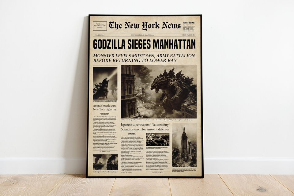 god zilla Poster | Vintage Wall Art | Retro Decor | Newspaper Print