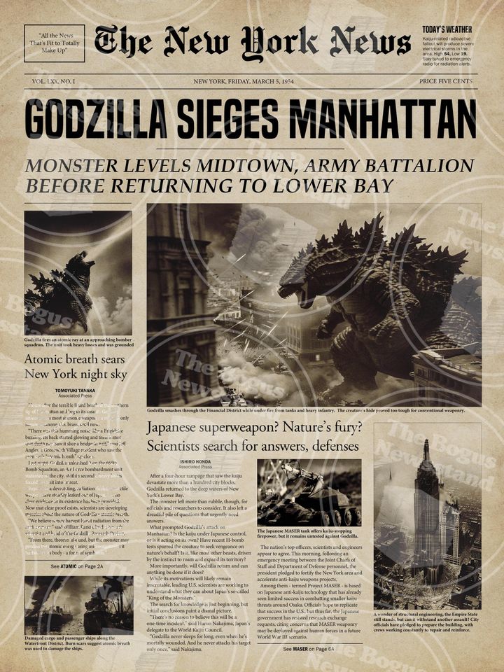 god zilla Poster | Vintage Wall Art | Retro Decor | Newspaper Print