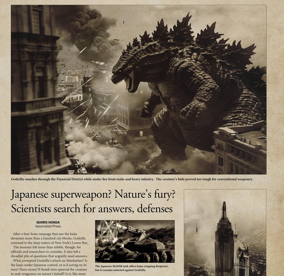 god zilla Poster | Vintage Wall Art | Retro Decor | Newspaper Print