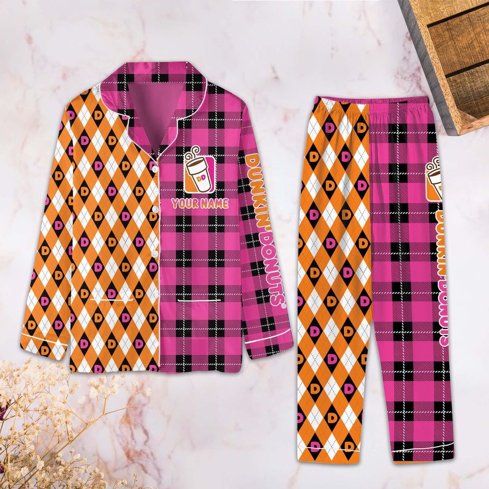 Personalized Dunkin Donuts Pajamas, Dunkin Donuts Shirt, Dunkin Donuts Pajamas Set, Funny Donuts Pajamas, Funny Coffee Holiday Pajamas