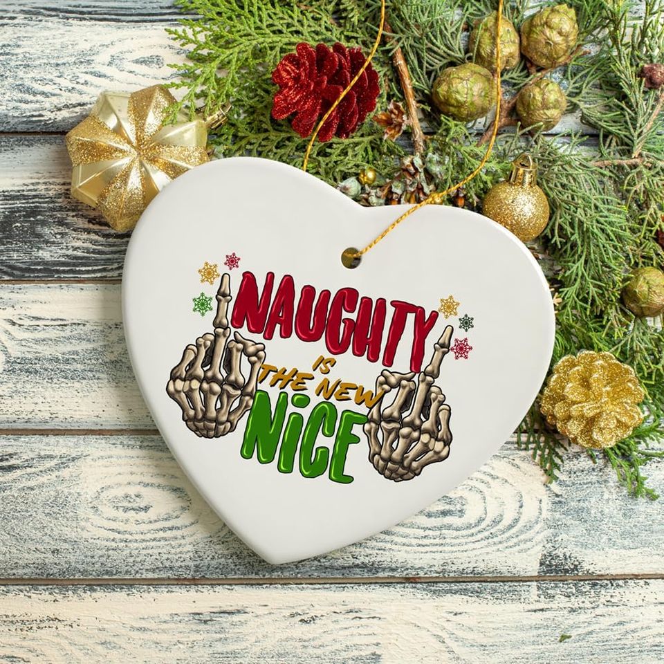Naughty is The New Nice Hardcore Merry Christmas Ornament, Skeleton Hands with Middle Fingers