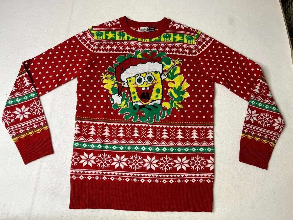 Spongebob Squarepants Ugly Christmas Sweater Mens Medium red yellow xmas