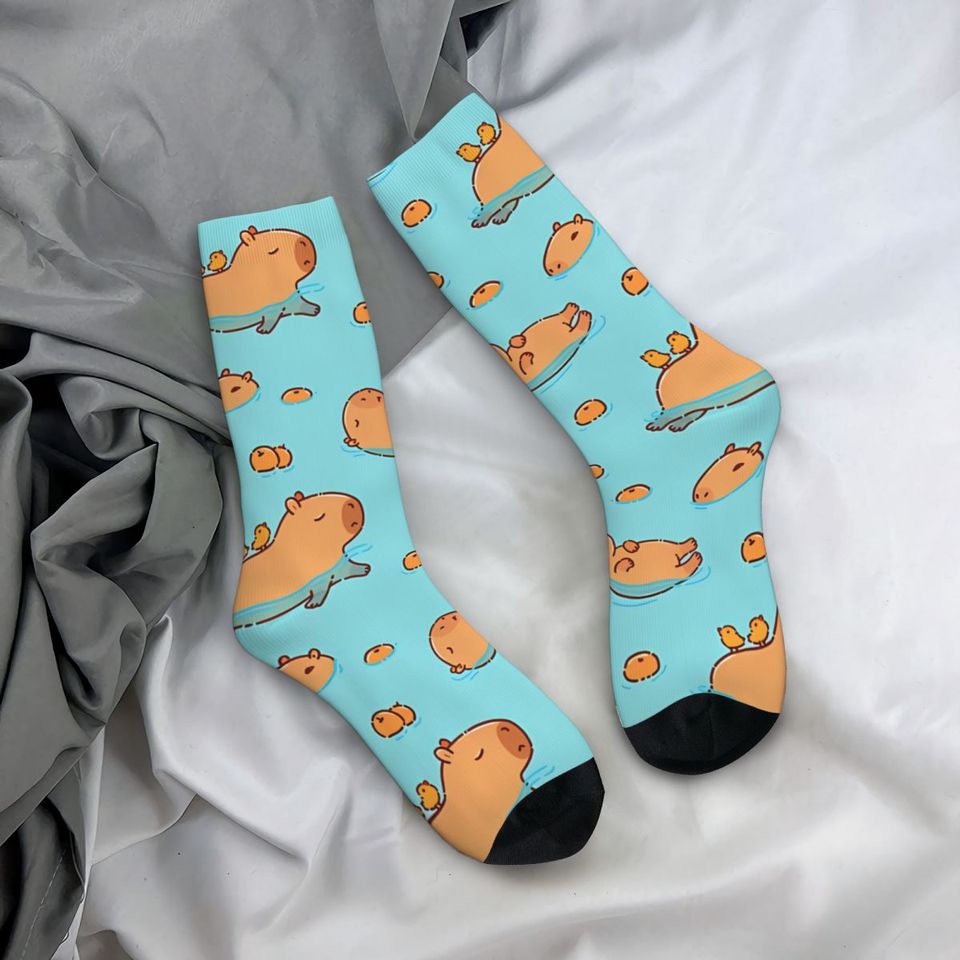 Capybara Pattern Swimming With Oranges Men's Socks Retro Harajuku Street Style Novelty Pattern Crew Sock