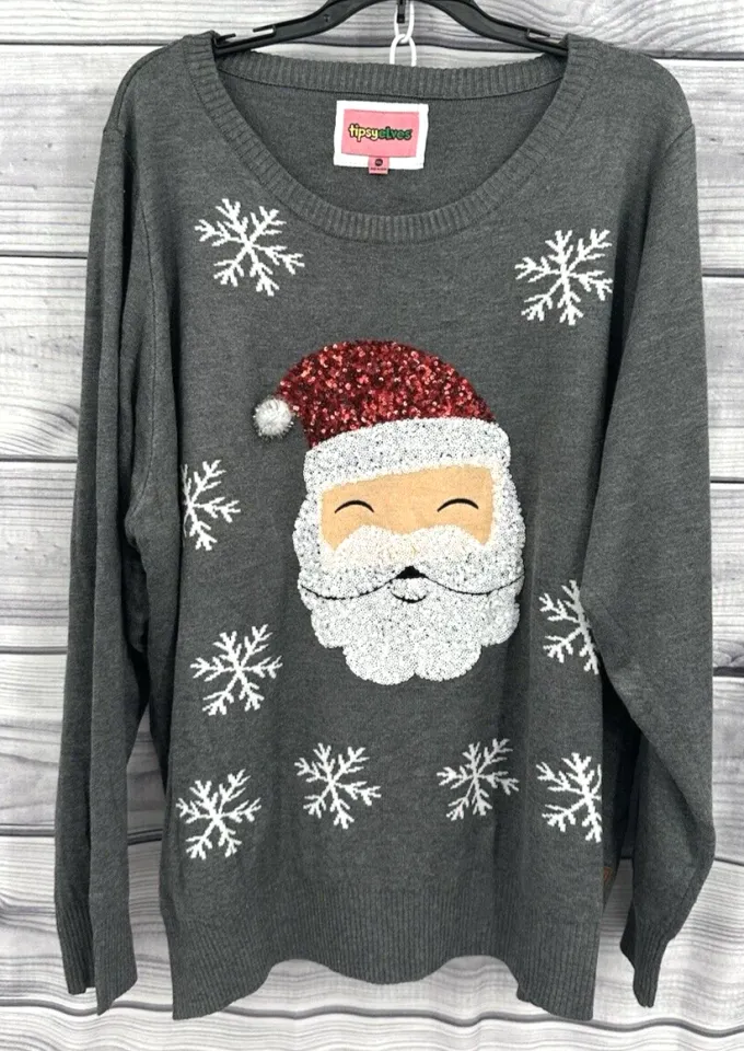 TIPSY ELVES SEQUIN SANTA UGLY CHRISTMAS SWEATER Women's Size XXL  GREY   NT