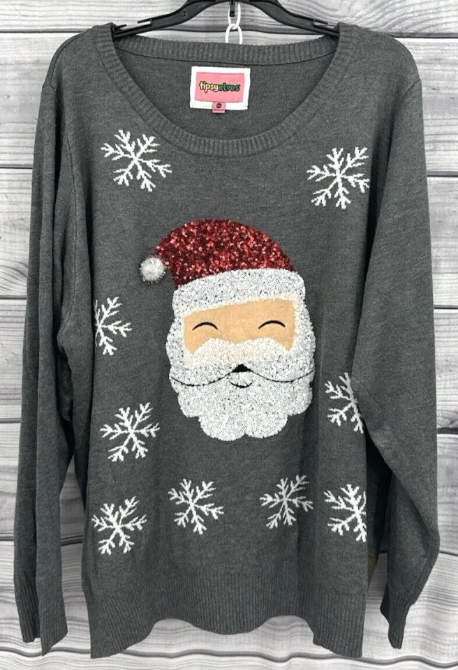 TIPSY ELVES SEQUIN SANTA UGLY CHRISTMAS SWEATER Women's Size XXL  GREY   NT