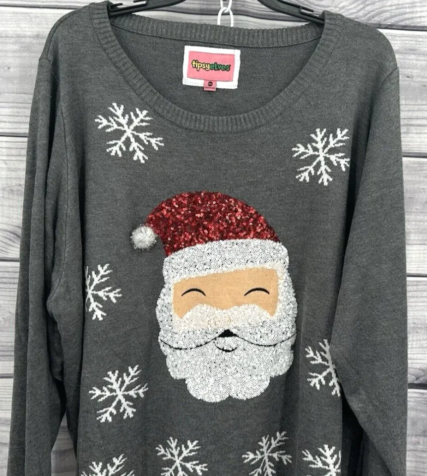 TIPSY ELVES SEQUIN SANTA UGLY CHRISTMAS SWEATER Women's Size XXL  GREY   NT