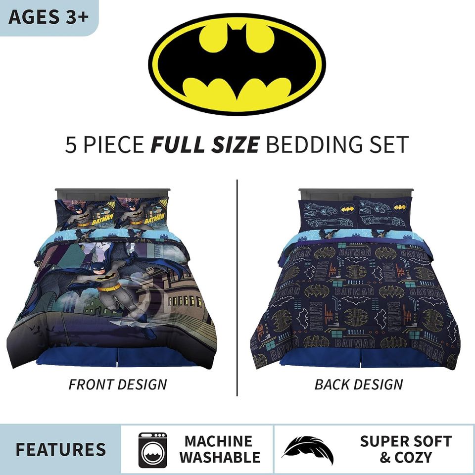 Franco Kids Bedding Super Soft Comforter and Sheet Set, 5 Piece Full Size, Batman