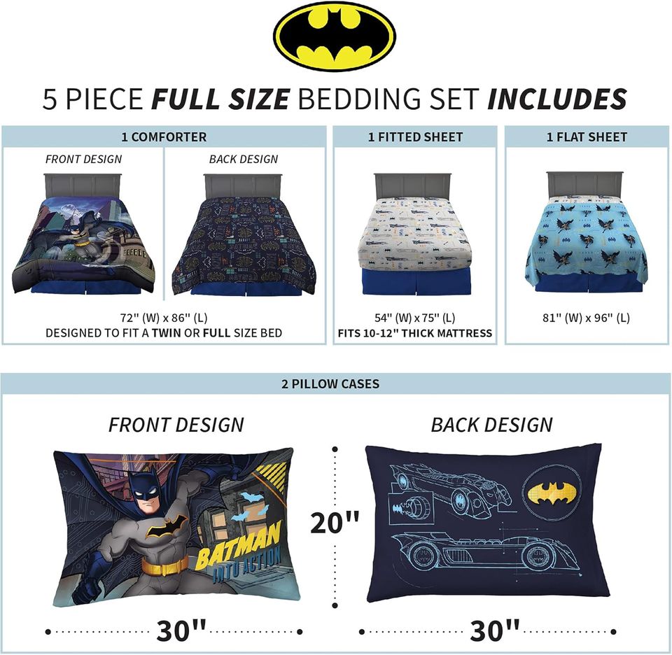 Franco Kids Bedding Super Soft Comforter and Sheet Set, 5 Piece Full Size, Batman