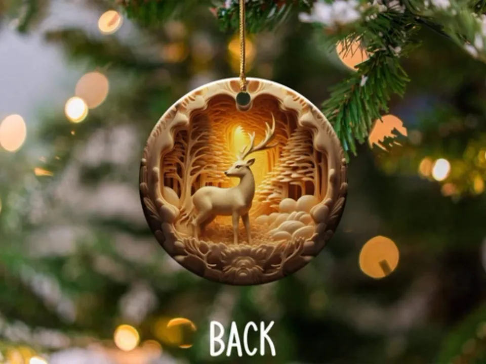 Enchanted Forest Deer Carving Art Christmas Ornaments