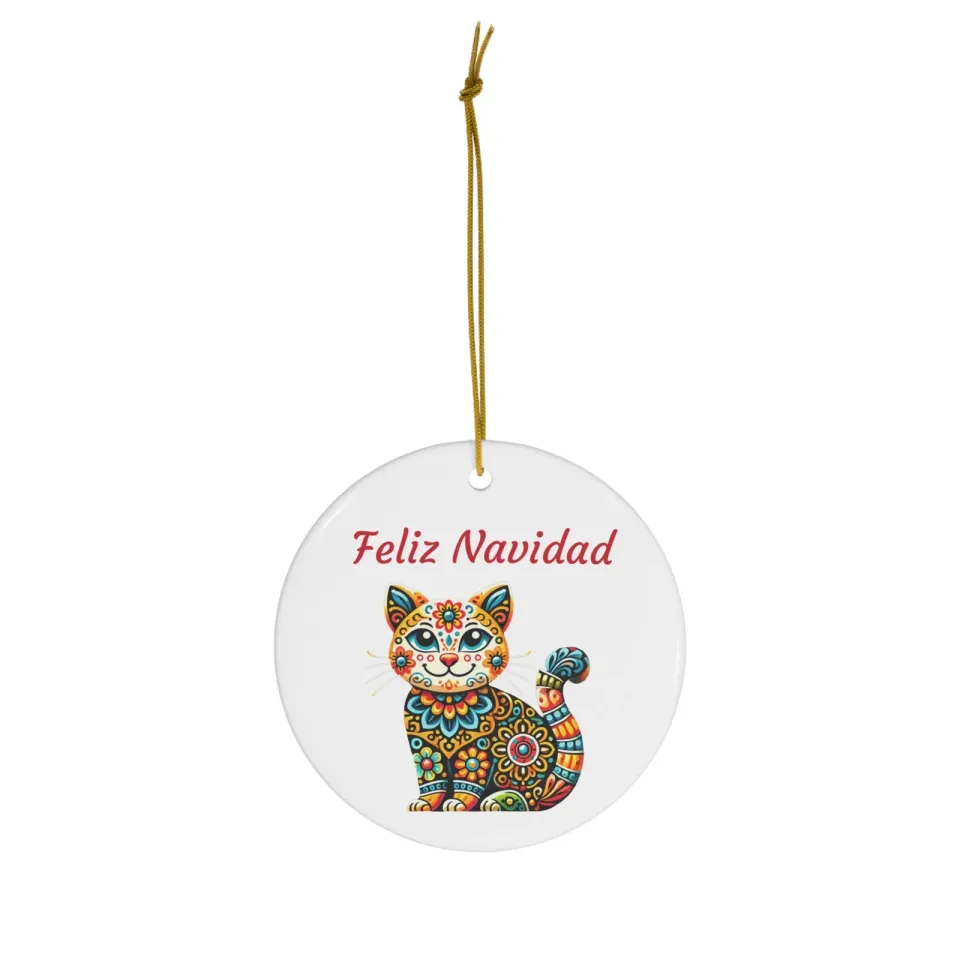 Feliz Navidad Cat Christmas Holiday Ceramic Ornament, 1 pack