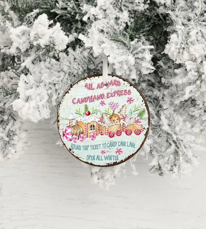 All Aboard Candy Train Round Ceramic Christmas Ornament