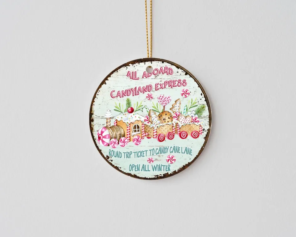 All Aboard Candy Train Round Ceramic Christmas Ornament