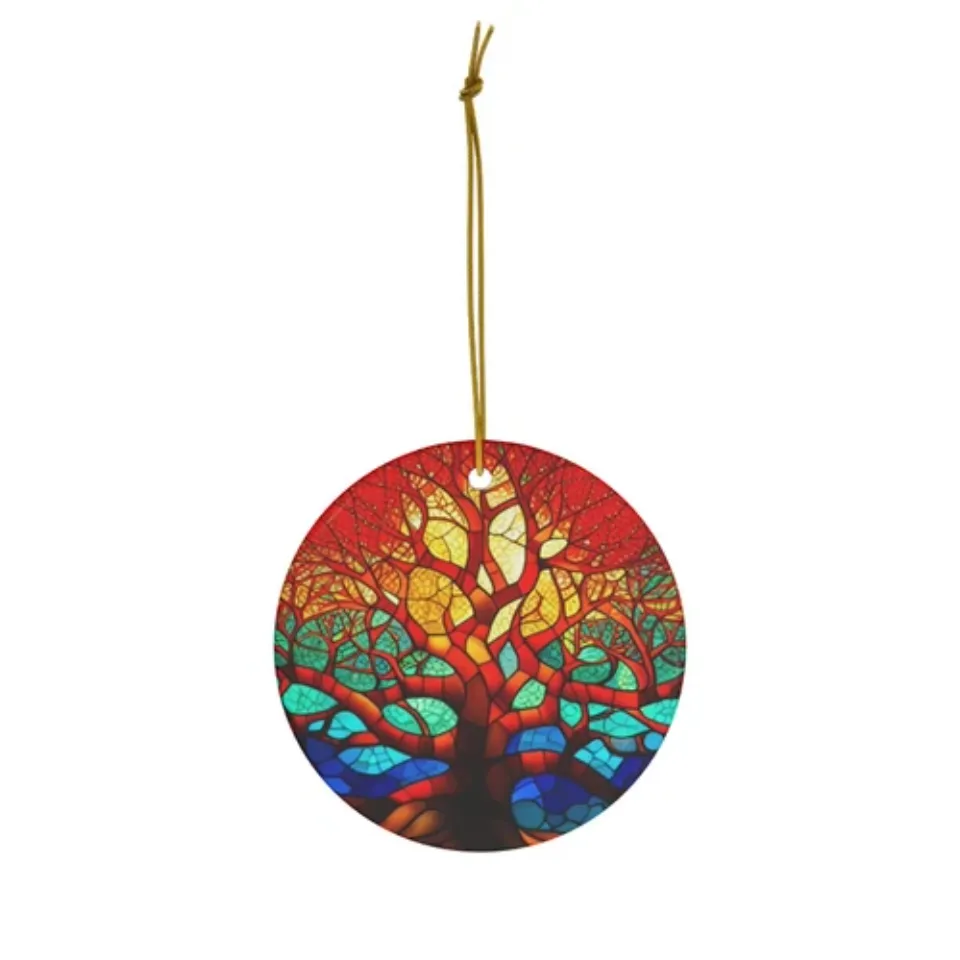 Christmas Vibrant Tree of Life Round Ceramic Ornament