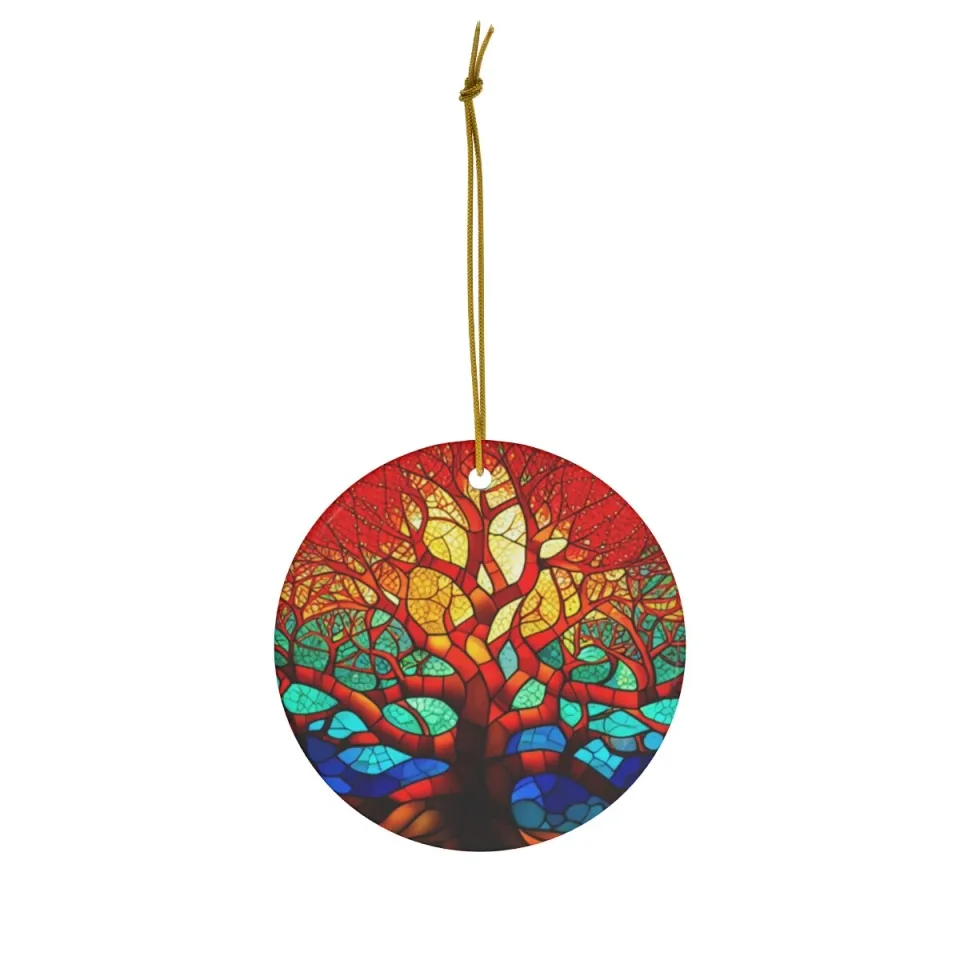 Christmas Vibrant Tree of Life Round Ceramic Ornament