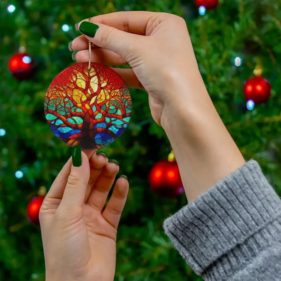 Christmas Vibrant Tree of Life Round Ceramic Ornament