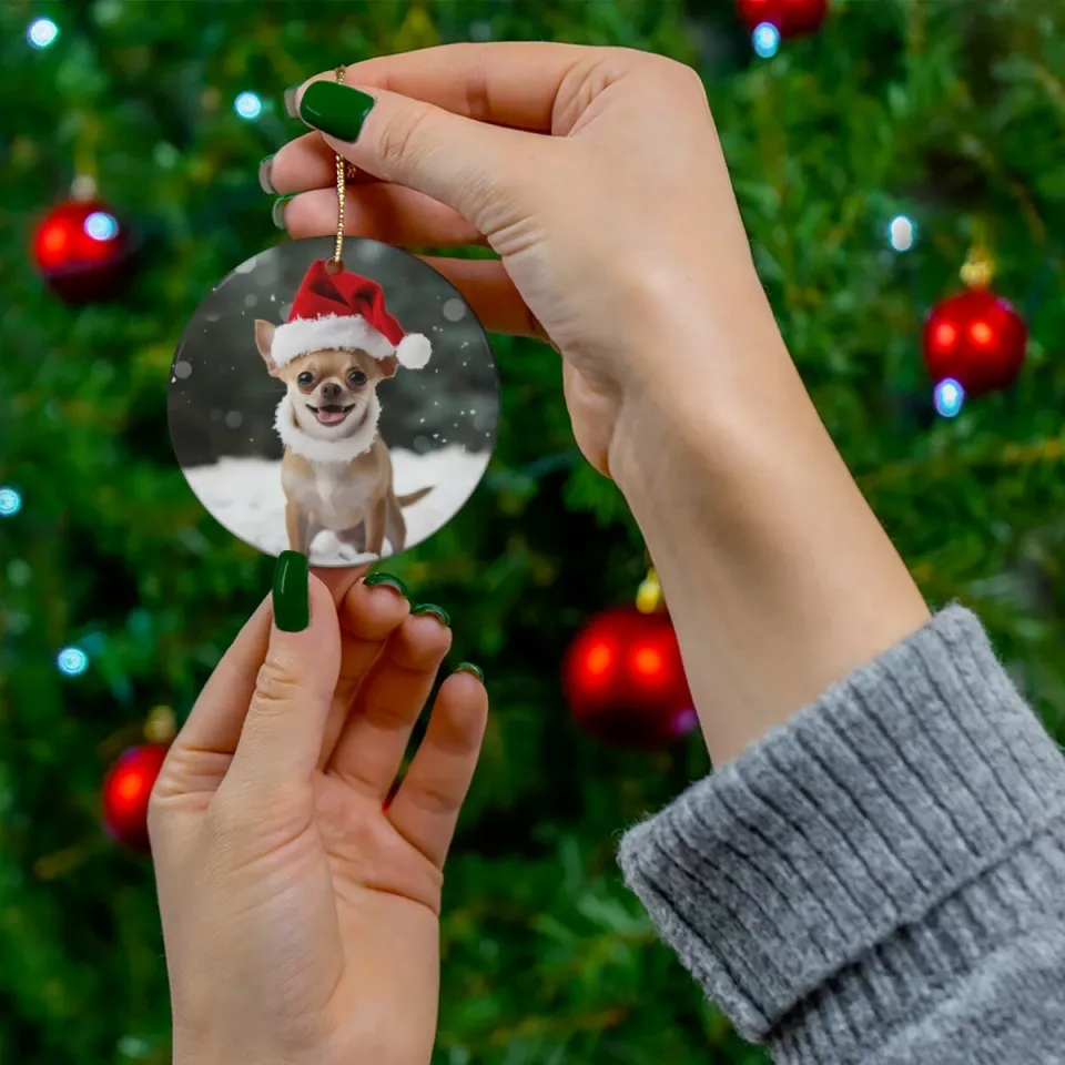 Chihuahua Dog Circle Christmas Tree Ceramic Ornament