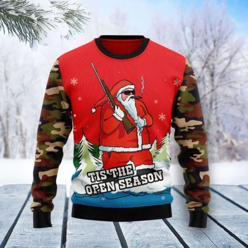 Santa Claus Hunting Ugly Christmas Sweater Lightweight Christmas Gift For Hunter