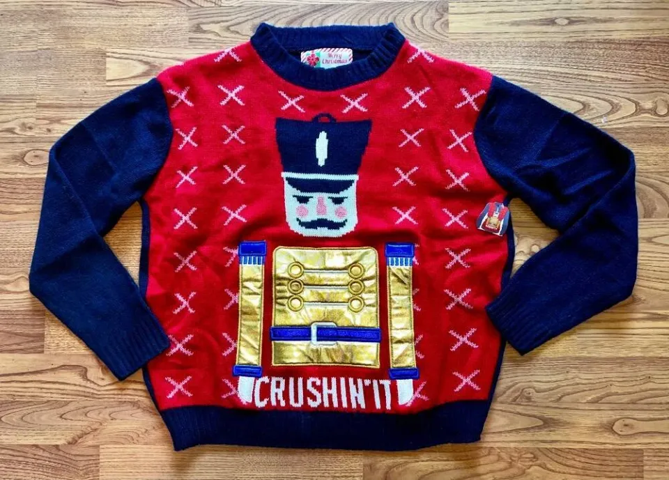 MENS LARGE~HOLIDAY UGLY CHRISTMAS NUTCRACKER SWEATER~RED/BLUE~NEW