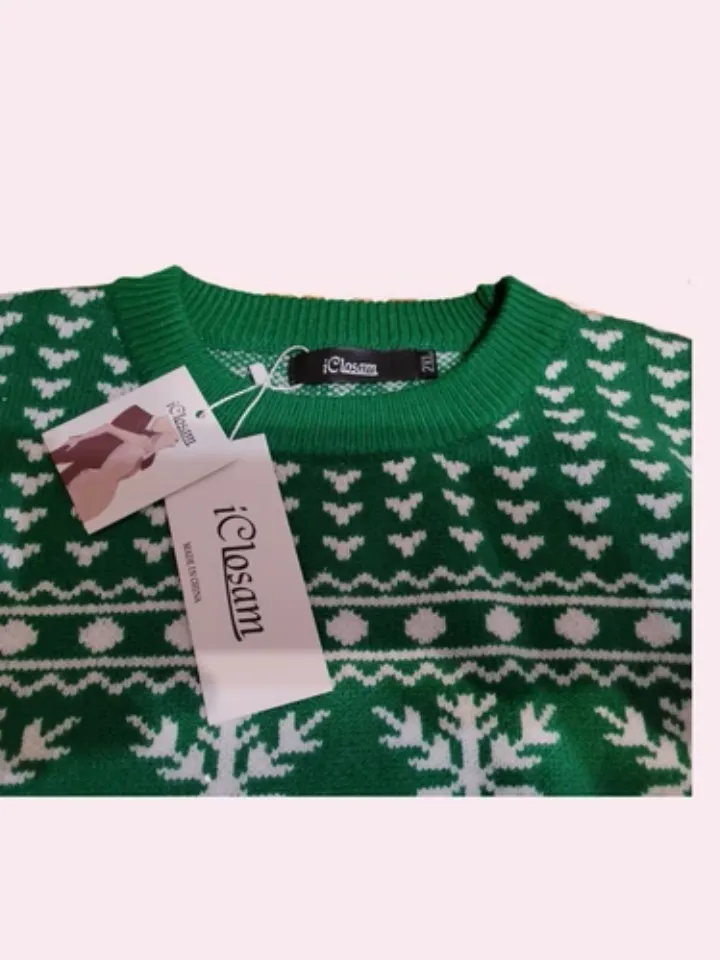 Green White Ugly Christmas Sweater + Snowflakes, Trees, & Santa Comfortable. NWT