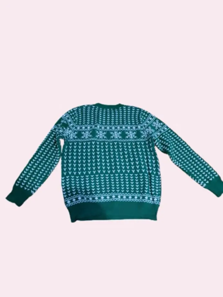 Green White Ugly Christmas Sweater + Snowflakes, Trees, & Santa Comfortable. NWT