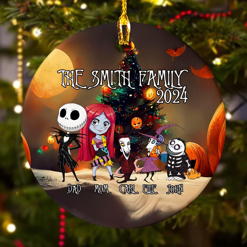 Personalized Nightmare Christmas Ornament, Halloween Custom 2024 Christmas Tree Decor Gift For Kid, Skeleton Family Christmas Gift