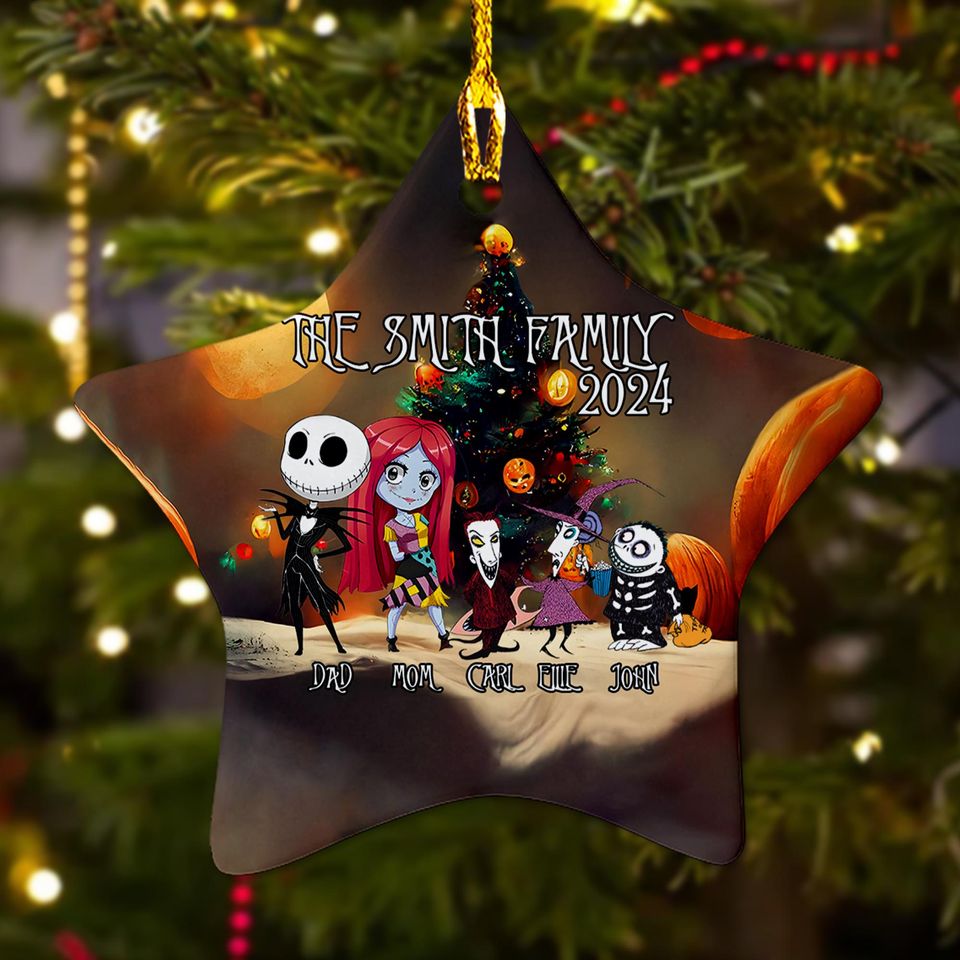Personalized Nightmare Christmas Ornament, Halloween Custom 2024 Christmas Tree Decor Gift For Kid, Skeleton Family Christmas Gift