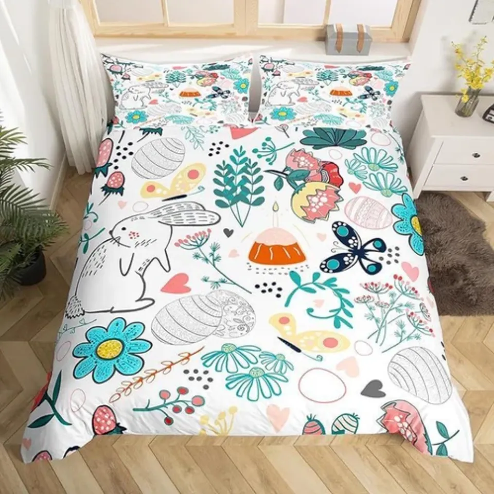 Cartoon Rabbit Flower Easter Quilt Doona Cover Queen Pillowcase Bedding Set