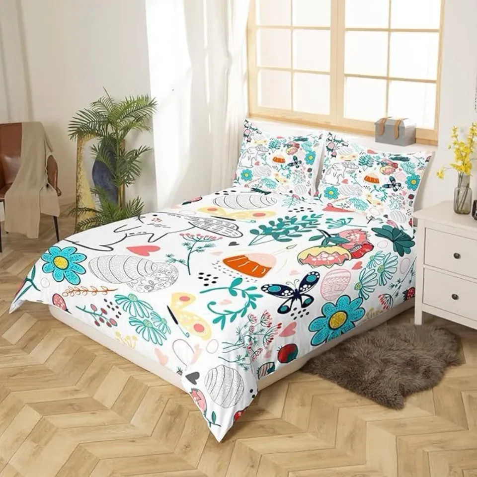 Cartoon Rabbit Flower Easter Quilt Doona Cover Queen Pillowcase Bedding Set