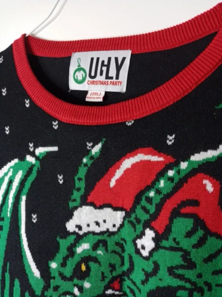 Ugly Christmas Party Flashing Dragon With Lights Sweater New Sz 2XL