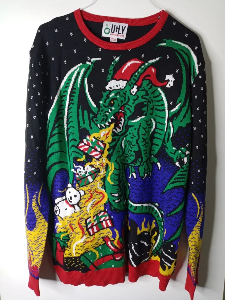 Ugly Christmas Party Flashing Dragon With Lights Sweater New Sz 2XL